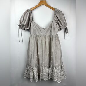 Olivaceous Women’s Beige, White Striped Floral Eyelet Babydoll Mini Dress Boho L